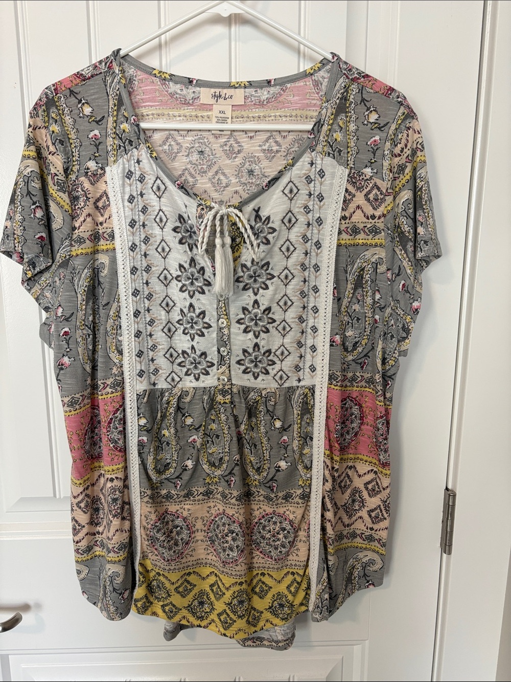 Style & Co. Gray Multi Paisley Tassel Tie Short Sleeve Tunic